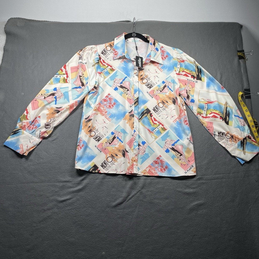 NWT Zeagoo Comic Print Shirt S‎ Art to Wear Pop Art Statement Button Down Blouse